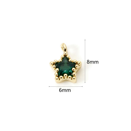 Picture of 2 PCs Brass Galaxy Charms 18K Gold Plated Pentagram Star Green Cubic Zirconia 8mm x 6mm