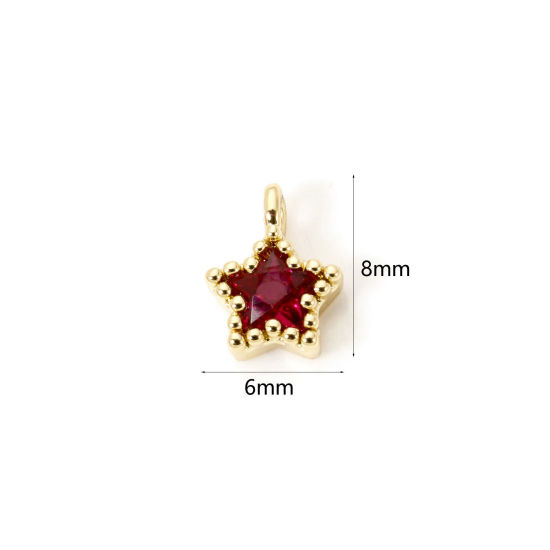 Picture of 2 PCs Brass Galaxy Charms 18K Gold Plated Pentagram Star Fuchsia Cubic Zirconia 8mm x 6mm