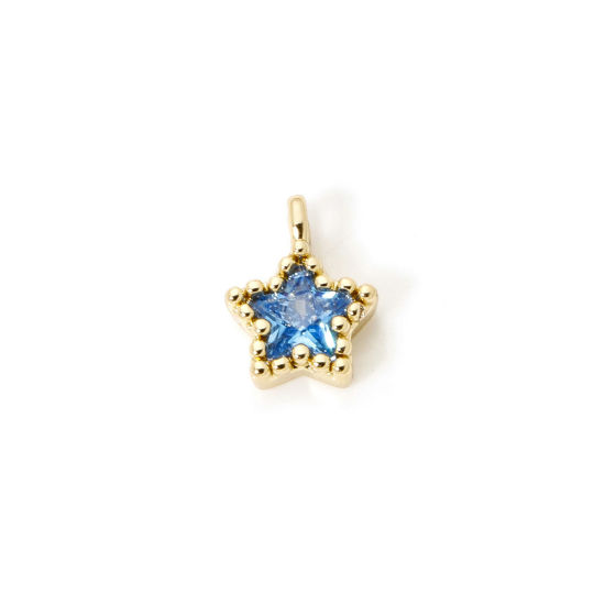 Picture of 2 PCs Brass Galaxy Charms 18K Gold Plated Pentagram Star Blue Cubic Zirconia 8mm x 6mm