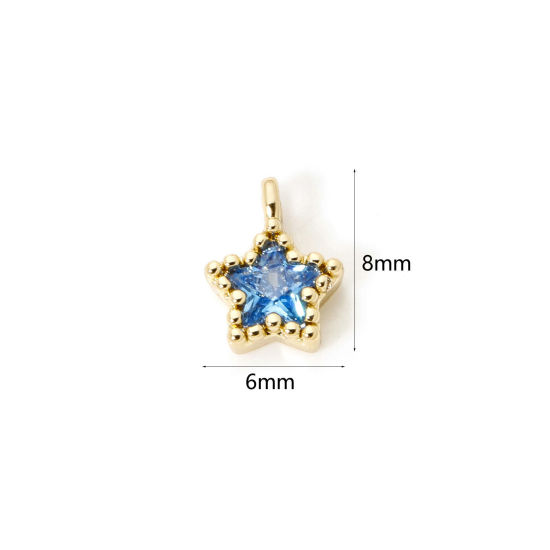 Picture of 2 PCs Brass Galaxy Charms 18K Gold Plated Pentagram Star Blue Cubic Zirconia 8mm x 6mm