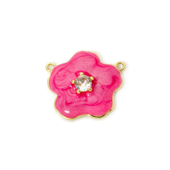Bild von 1 Stück Umweltfreundlich Messing Steckverbinder Charms Anhänger 18K Echtgold plattiert Hellrosa Perlmuttartig Blumen Emaille Klar Kubischer Zirkon 22mm x 20mm