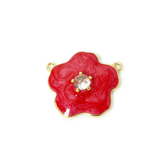 Bild von 1 Stück Umweltfreundlich Messing Steckverbinder Charms Anhänger 18K Echtgold plattiert Rot Perlmuttartig Blumen Emaille Klar Kubischer Zirkon 22mm x 20mm