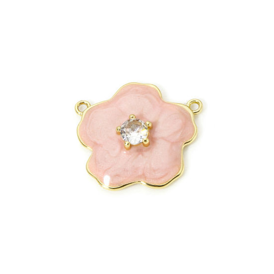 Bild von 1 Stück Umweltfreundlich Messing Steckverbinder Charms Anhänger 18K Echtgold plattiert Rosa Perlmuttartig Blumen Emaille Klar Kubischer Zirkon 22mm x 20mm