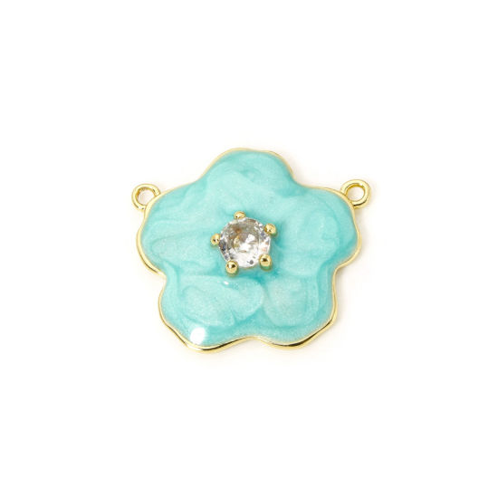Bild von 1 Stück Umweltfreundlich Messing Steckverbinder Charms Anhänger 18K Echtgold plattiert Mintgrün Perlmuttartig Blumen Emaille Klar Kubischer Zirkon 22mm x 20mm