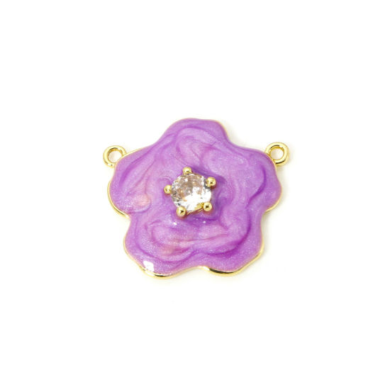 Bild von 1 Stück Umweltfreundlich Messing Steckverbinder Charms Anhänger 18K Echtgold plattiert Lila Perlmuttartig Blumen Emaille Klar Kubischer Zirkon 22mm x 20mm