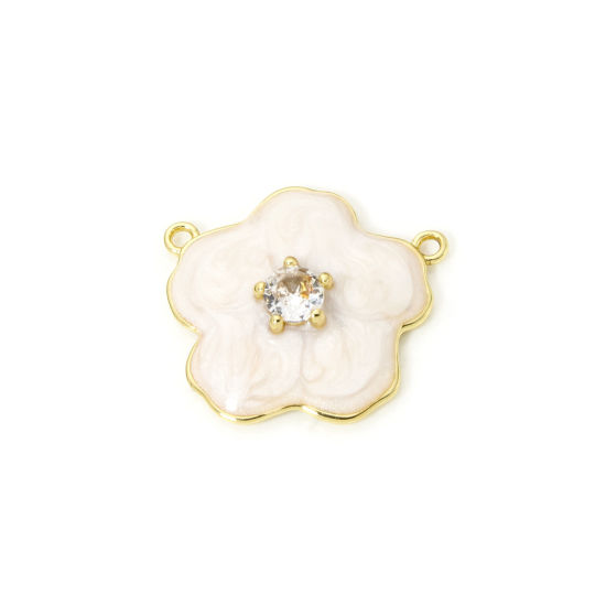 Bild von 1 Stück Umweltfreundlich Messing Steckverbinder Charms Anhänger 18K Echtgold plattiert Grauweiß Perlmuttartig Blumen Emaille Klar Kubischer Zirkon 22mm x 20mm