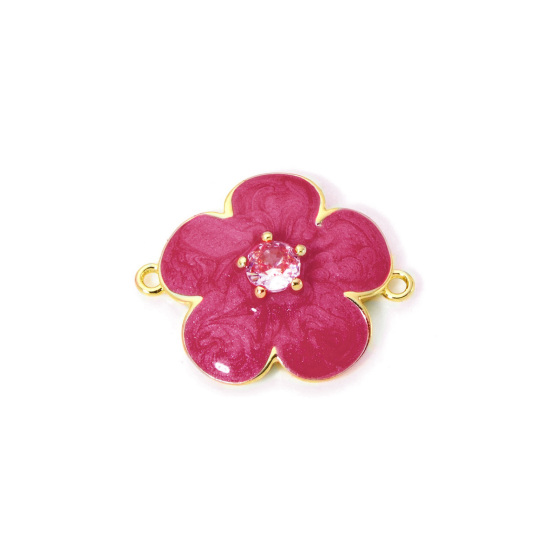 Bild von 1 Stück Umweltfreundlich Messing Steckverbinder Charms Anhänger 18K Echtgold plattiert Rot Perlmuttartig Blumen Emaille Klar Kubischer Zirkon 23.5mm x 19mm