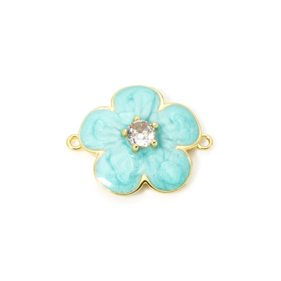 Bild von 1 Stück Umweltfreundlich Messing Steckverbinder Charms Anhänger 18K Echtgold plattiert Mintgrün Perlmuttartig Blumen Emaille Klar Kubischer Zirkon 23.5mm x 19mm