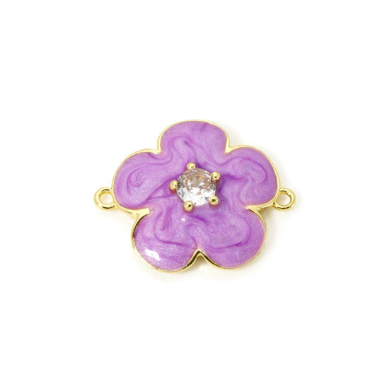 Bild von 1 Stück Umweltfreundlich Messing Steckverbinder Charms Anhänger 18K Echtgold plattiert Lila Perlmuttartig Blumen Emaille Klar Kubischer Zirkon 23.5mm x 19mm