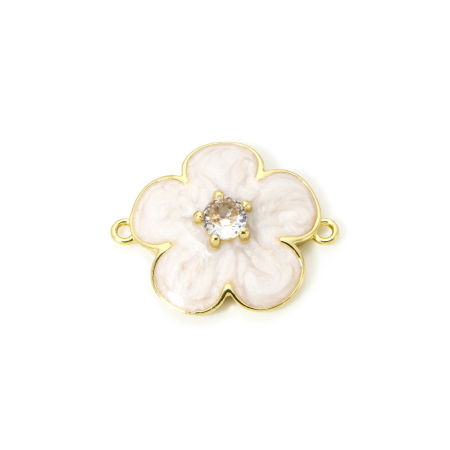 Picture of 1 Piece Eco-friendly Brass Connectors Charms Pendants 18K Real Gold Plated Creamy-White Pearlized Flower Enamel Clear Cubic Zirconia 23.5mm x 19mm