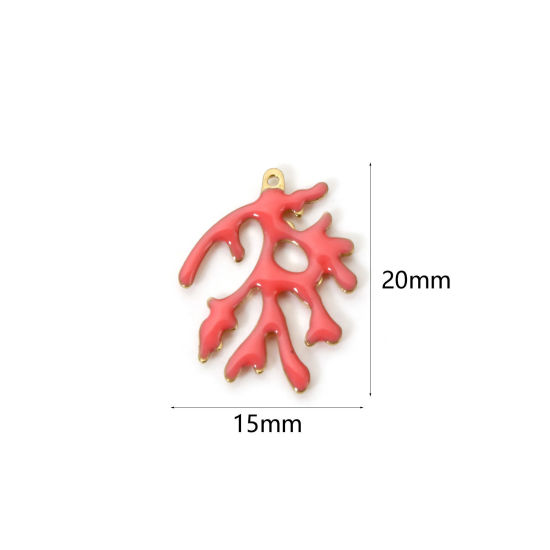 Image de 5 Pcs Breloques Bijoux d'Océan en Laiton Couleur Originale Non Plaquée Rose Corail Sequins Emaillés Double Face 20mm x 15mm