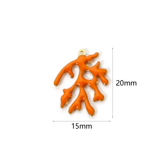 Image de 5 Pcs Breloques Bijoux d'Océan en Laiton Couleur Originale Non Plaquée Orange Corail Sequins Emaillés Double Face 20mm x 15mm