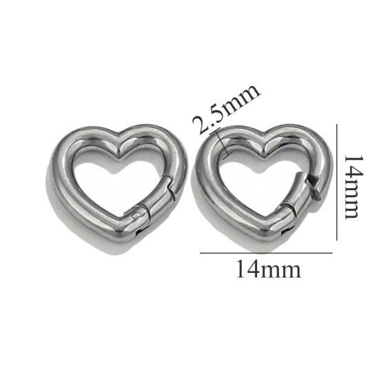 Picture of 1 Piece 304 Stainless Steel Bolt Spring Ring Clasps Heart Silver Tone Polished 14mm x 14mm