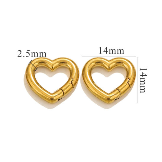 Picture of 1 Piece Eco-friendly PVD Vacuum Plating 304 Stainless Steel Bolt Spring Ring Clasps Heart 18K Gold Plated Polished 14mm x 14mm