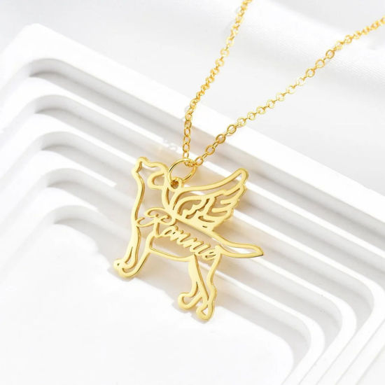 Image de 1 Pièce Collier de Nom Personnalisé Pendentif Breloque de Lettre Personnalisé en 304 Acier Inoxydable Chien Ailes Doré 45cm long