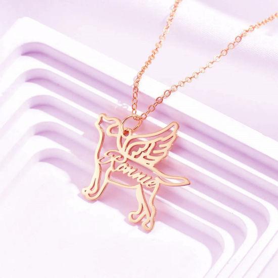 Image de 1 Pièce Collier de Nom Personnalisé Pendentif Breloque de Lettre Personnalisé en 304 Acier Inoxydable Chien Ailes Or Rose 45cm long