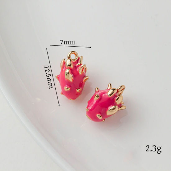 Bild von 2 Stück Messing Charms 18K Vergoldet Fuchsie Pitaya/ Drachenfrucht Emaille 12.5mm x 7mm