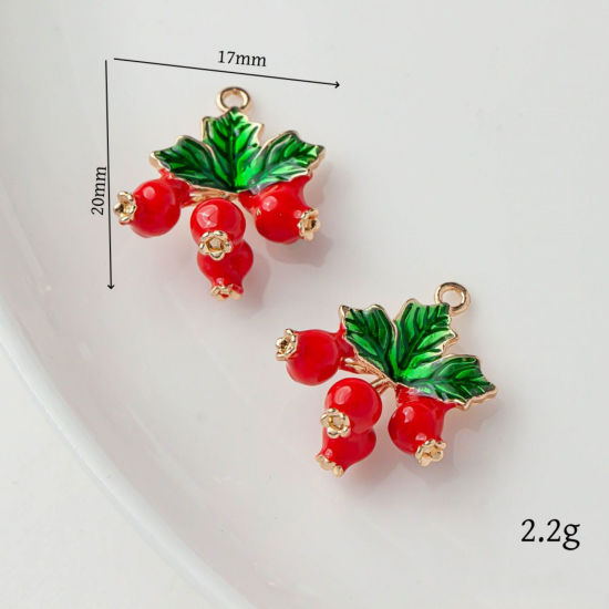 Picture of 2 PCs Brass Charms 18K Gold Plated Red & Green Berry Enamel 20mm x 17mm