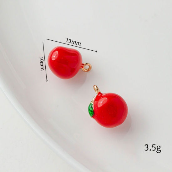 Picture of 2 PCs Brass Charms 18K Gold Plated Red & Green Apple Fruit Enamel 13mm x 10mm