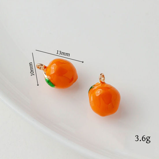 Picture of 2 PCs Brass Charms 18K Gold Plated Green & Orange Orange Fruit Enamel 13mm x 10mm