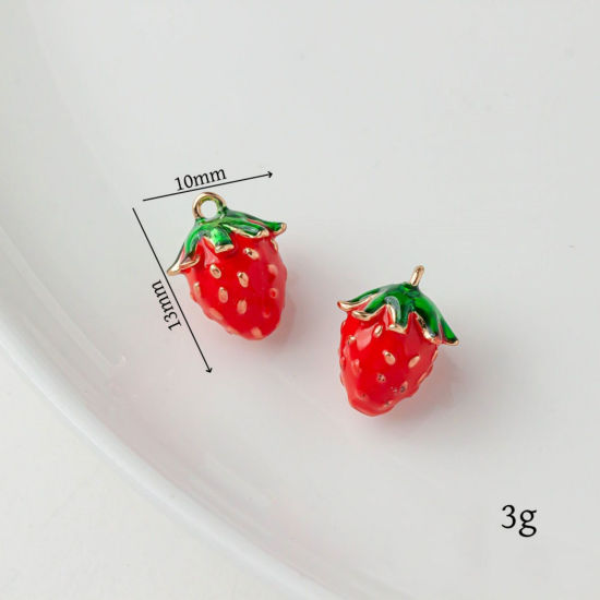 Picture of 2 PCs Brass Charms 18K Gold Plated Red & Green Strawberry Fruit Enamel 13mm x 10mm