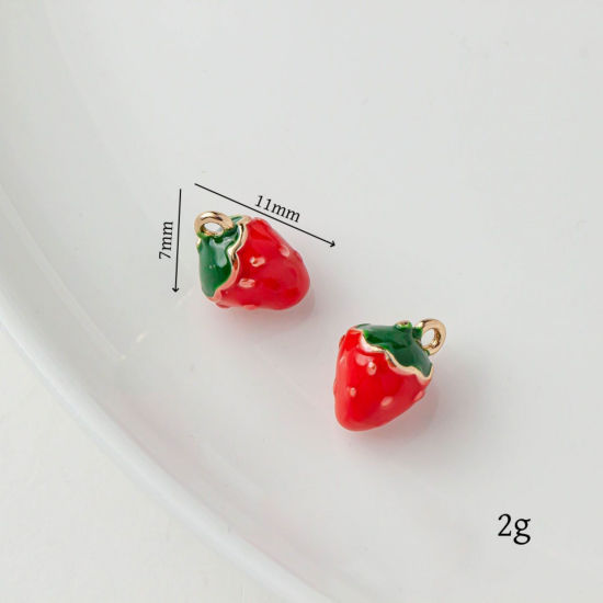 Picture of 2 PCs Brass Charms 18K Gold Plated Red & Green Strawberry Fruit Enamel