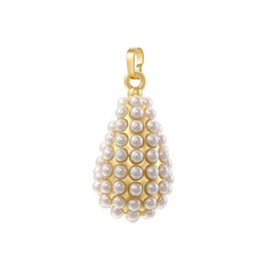 Picture of 1 Piece Brass Pendants 18K Gold Plated Drop Imitation Pearl 3.6cm x 1.6cm