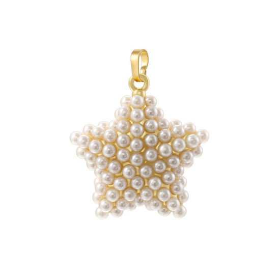 Picture of 1 Piece Brass Galaxy Pendants 18K Gold Plated Pentagram Star Imitation Pearl 3.3cm x 2.5cm