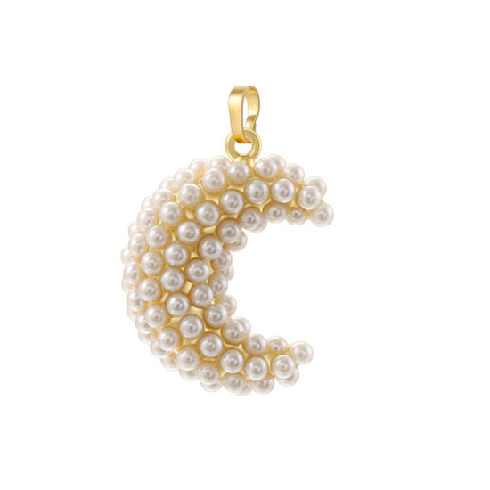 Picture of 1 Piece Brass Galaxy Pendants 18K Gold Plated Half Moon Imitation Pearl 3.4cm x 2cm