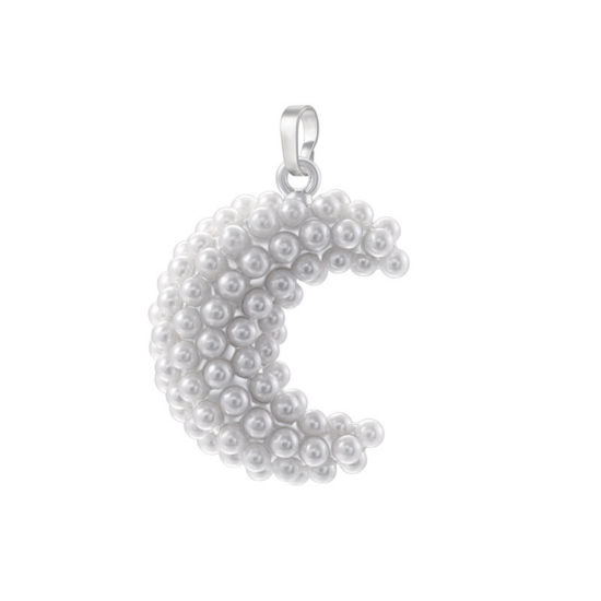 Picture of 1 Piece Brass Galaxy Pendants Platinum Plated Half Moon Imitation Pearl 3.4cm x 2cm