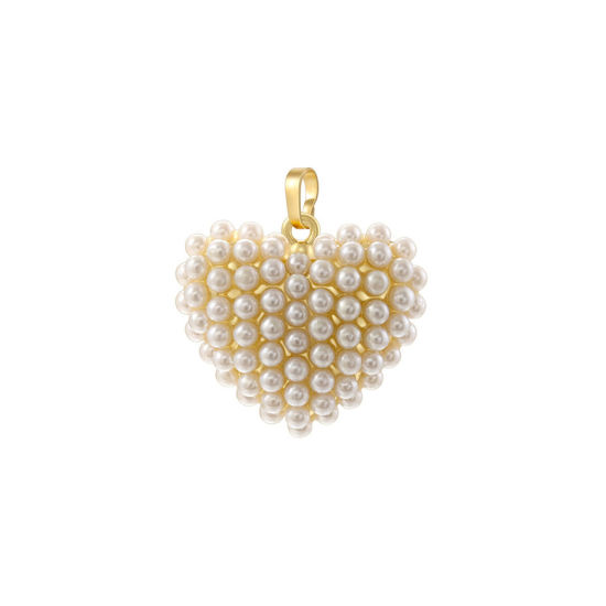 Picture of 1 Piece Valentine's Day Charms 18K Gold Plated Heart Imitation Pearl 28.5mm x 24mm