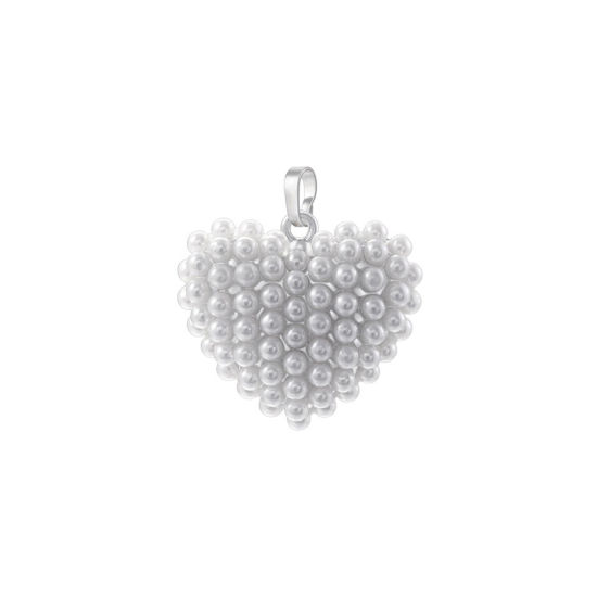 Picture of 1 Piece Valentine's Day Charms Platinum Plated Heart Imitation Pearl 28.5mm x 24mm