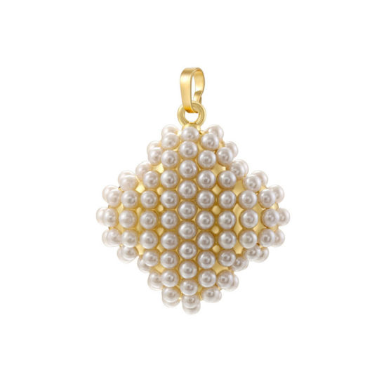 Picture of 1 Piece Brass Pendants 18K Gold Plated Rhombus Imitation Pearl 3.4cm x 2.6cm