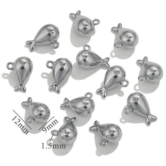 Picture of 5 PCs 304 Stainless Steel Mini Charms Silver Tone Fish Animal 3D 12mm x 9mm