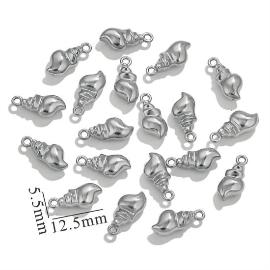 Picture of 5 PCs 304 Stainless Steel Mini Charms Silver Tone Conch/ Sea Snail 3D 12.5mm x 5.5mm