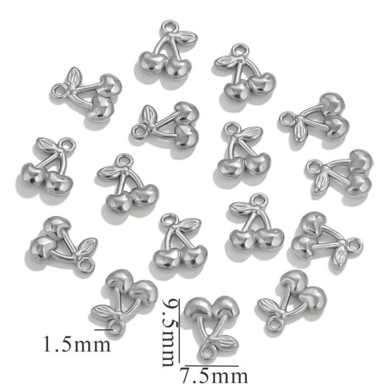 Bild von 5 PCs 304 Stainless Steel Mini Charms Silver Tone Cherry Fruit 3D 7.5mm x 9.5mm