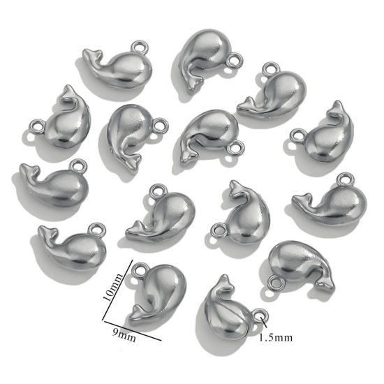 Picture of 5 PCs 304 Stainless Steel Mini Charms Silver Tone Whale Animal 3D 10mm x 9mm