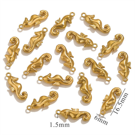 Picture of 5 PCs Eco-friendly PVD Vacuum Plating 304 Stainless Steel Mini Charms Gold Plated Seahorse Animal 3D 16.5mm x 6mm