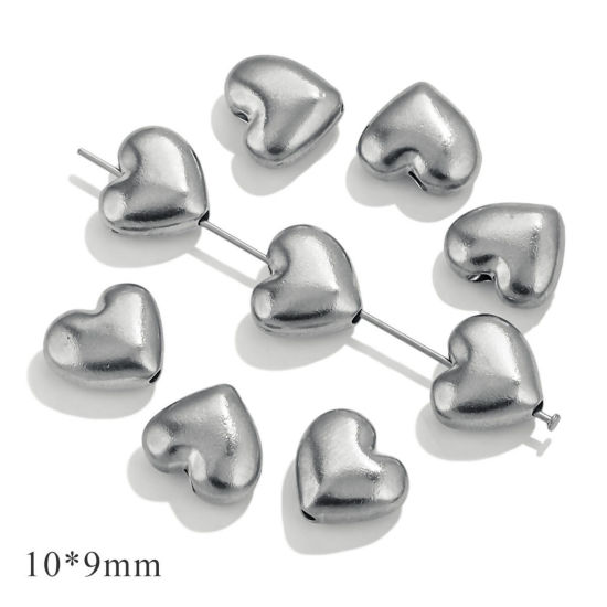 Image de 10 Pcs Perles pour DIY Fabrication de Bijoux La Saint Valentin en 304 Acier Inoxydable Argent Mat Cœur 10mm x 9mm, Trou: env. 1mm