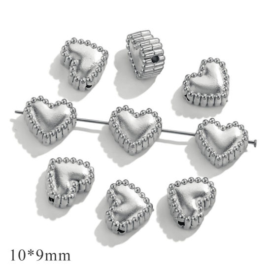 Image de 10 Pcs Perles pour DIY Fabrication de Bijoux La Saint Valentin en 304 Acier Inoxydable Argent Mat Cœur 10mm x 9mm, Trou: env. 1mm