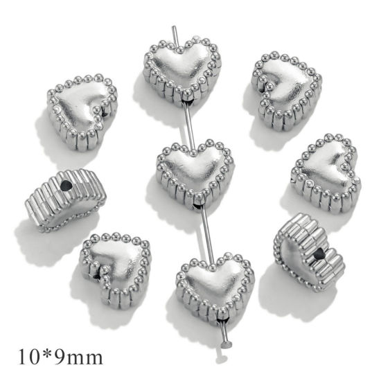 Image de 10 Pcs Perles pour DIY Fabrication de Bijoux La Saint Valentin en 304 Acier Inoxydable Argent Mat Cœur 10mm x 9mm, Trou: env. 1mm