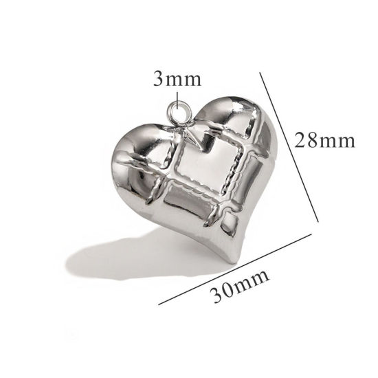 Picture of 1 Piece 304 Stainless Steel Pendants Silver Tone Heart Texture 3D 30mm x 28mm