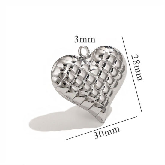 Picture of 1 Piece 304 Stainless Steel Pendants Silver Tone Heart Texture 3D 30mm x 28mm