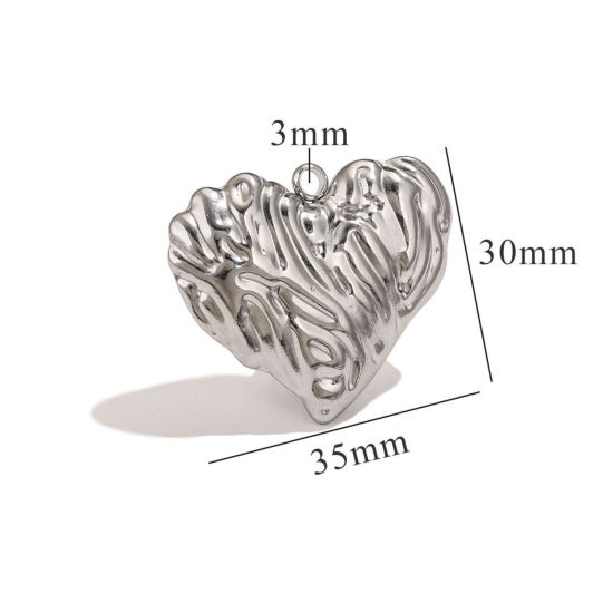 Picture of 1 Piece 304 Stainless Steel Pendants Silver Tone Heart Texture 3D 35mm x 30mm