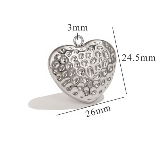 Picture of 1 Piece 304 Stainless Steel Pendants Silver Tone Heart Texture 3D 26mm x 24.5mm