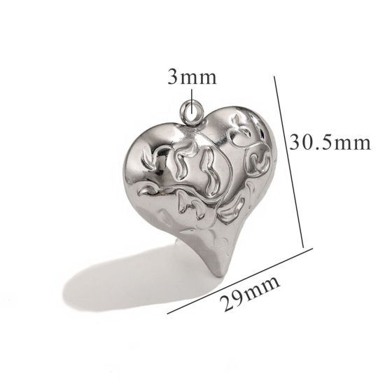 Picture of 1 Piece 304 Stainless Steel Pendants Silver Tone Heart Texture 3D 29mm x 30.5mm