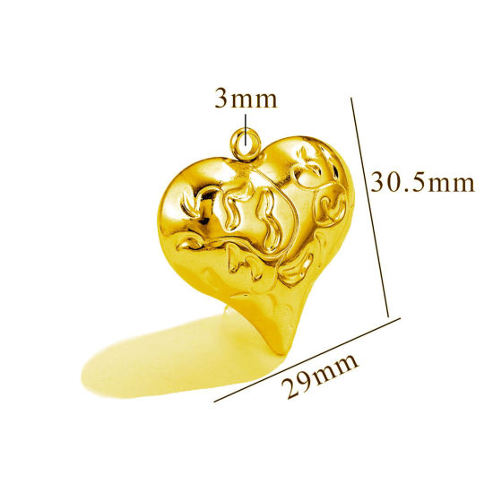 Picture of 1 Piece Eco-friendly PVD Vacuum Plating 304 Stainless Steel Pendants 18K Gold Plated Heart Texture 3D 29mm x 30.5mm