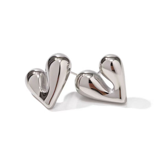 Immagine di 1 Paio Elegante San Valentino Platino Placcato Ottone Cuore Liscio Orecchini a Perno Per Donne 16mm x 16mm