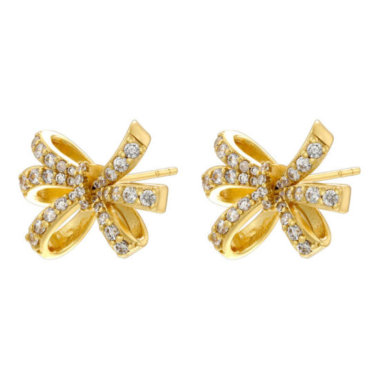 Picture of 1 Pair Stylish 18K Gold Plated Brass Bowknot Micro Pave Ear Post Stud Earrings For Women