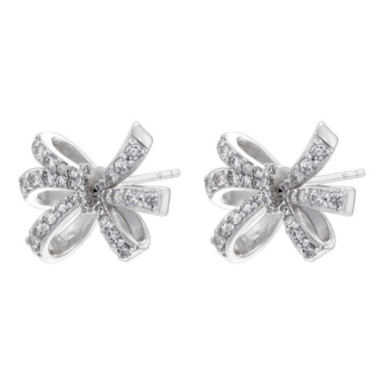 Picture of 1 Pair Stylish Platinum Plated Brass Bowknot Micro Pave Ear Post Stud Earrings For Women